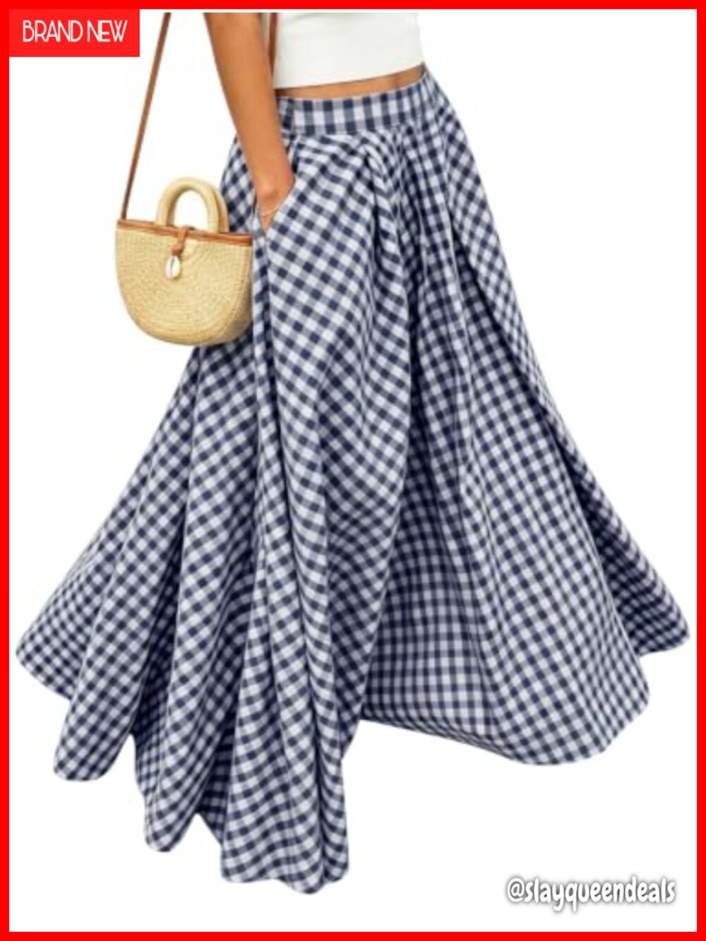 Womens Gingham Plaid Maxi Skirt Flowy A-Line Flared Summer Long Skirt
